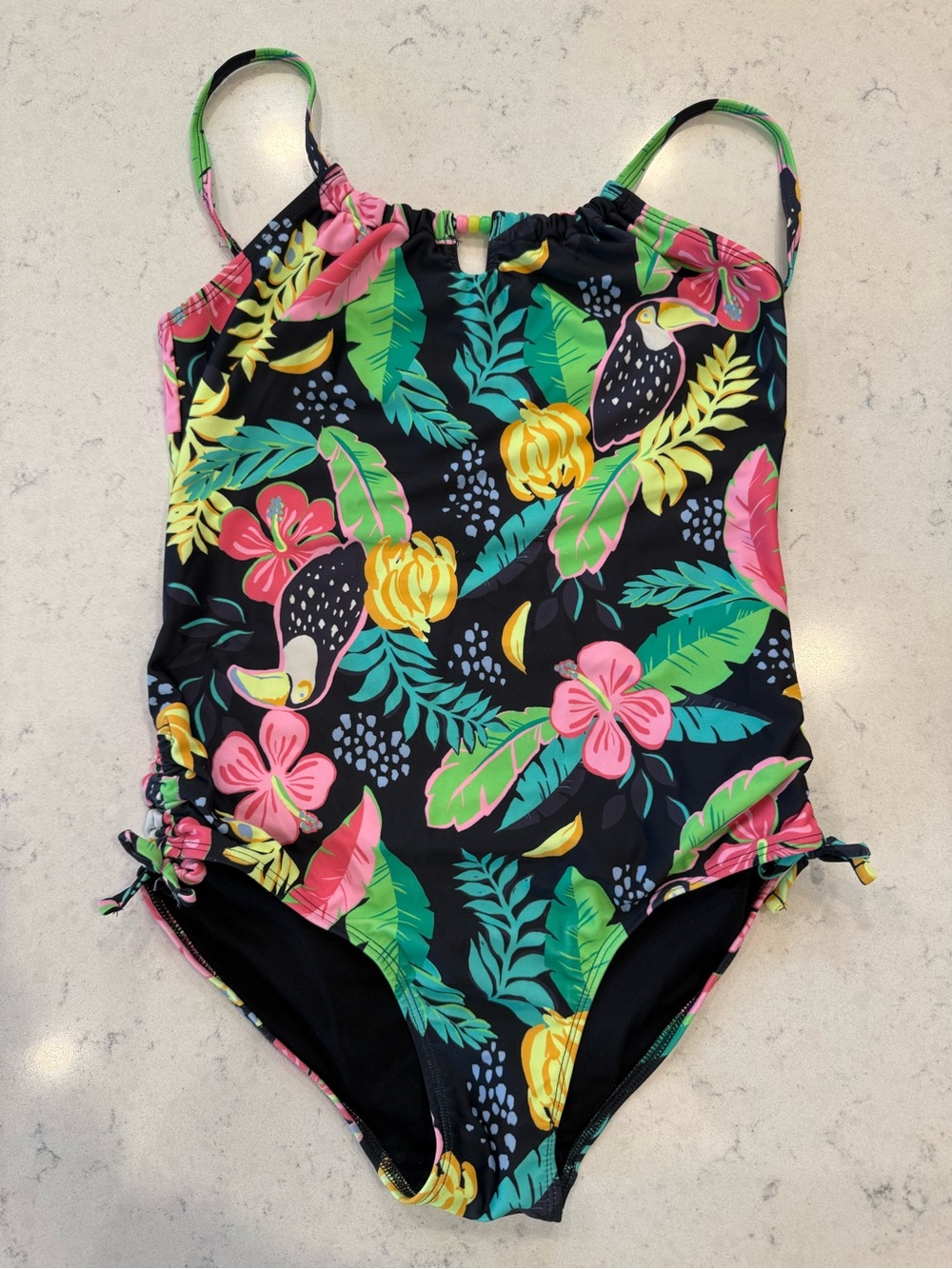 Old Navy Black One-Piece Swimsuit with Pink, Green & Yellow Tropical Print